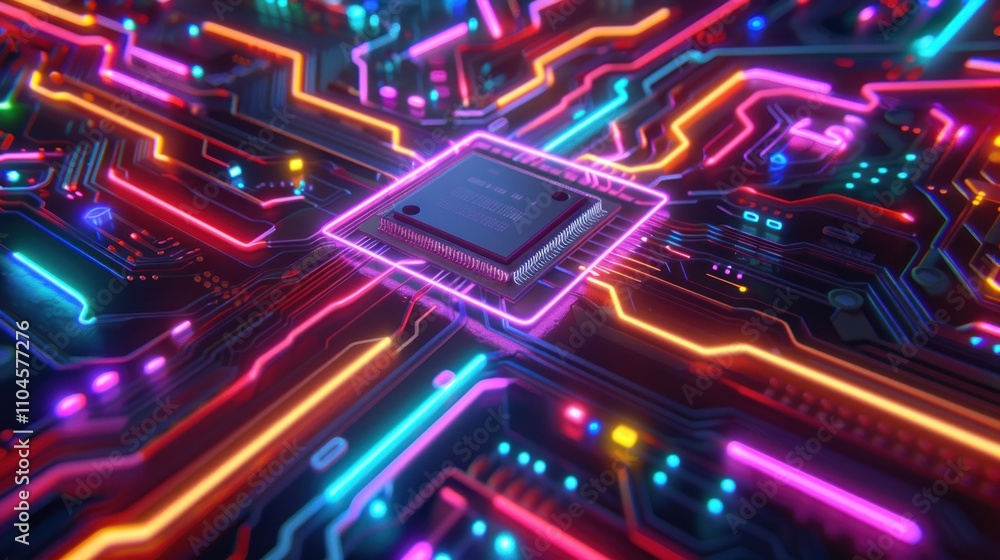 A vibrant circuit board featuring a central processor and colorful connections. A vibrant circuit board featuring a central processor and colorful connections.