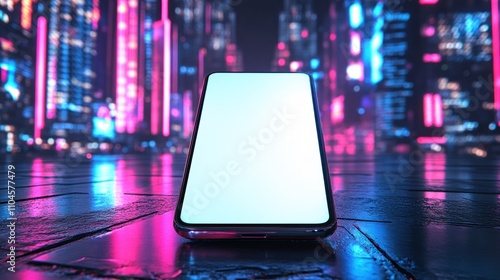 A smartphone displayed in a vibrant, neon-lit urban environment.