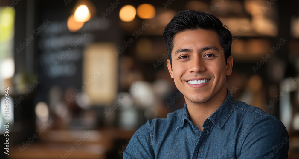 Confident Young Man Smiling in a Cozy Cafe Setting Confident Young Man Smiling in a Cozy Cafe Setting