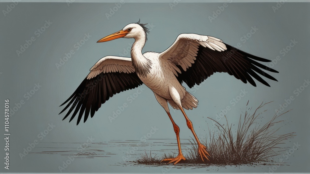 Obraz premium White bird with black wings landing near water.