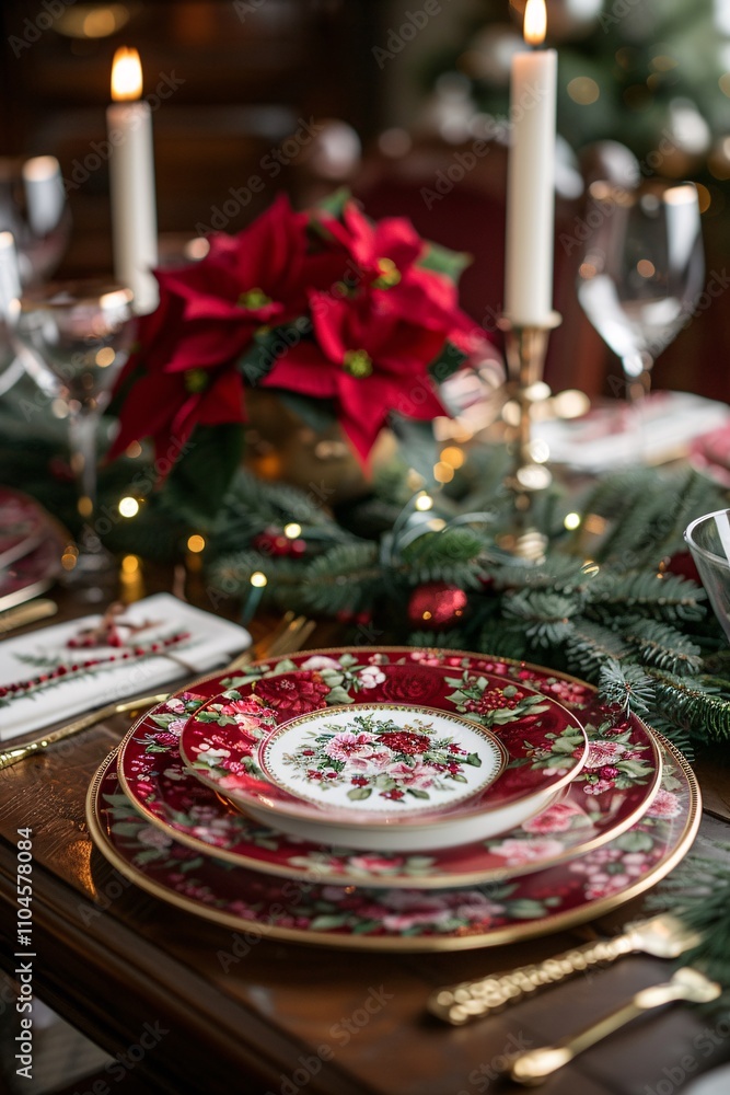 A beautifully arranged table features intricate red floral china plates, elegant cutlery, and glowing candles A beautifully arranged table features intricate red floral china plates, elegant cutlery, and glowing candles