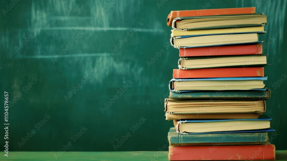 Stacked Books on a Table Against a Chalkboard Background Stacked Books on a Table Against a Chalkboard Background