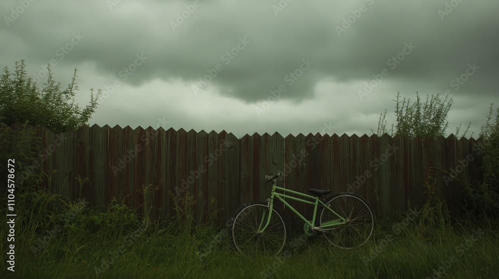 Obraz premium Lone bicycle against a rustic fence on a cloudy day