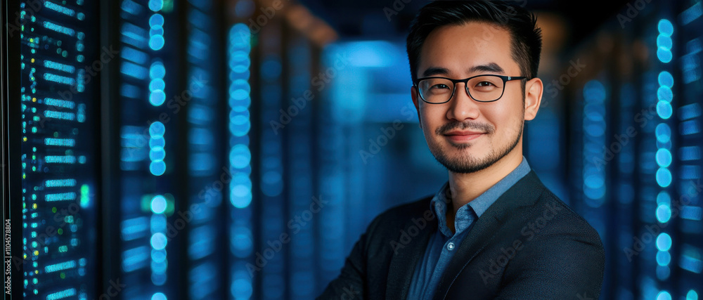 Fototapeta premium Confident IT Professional in a Data Center Surrounded by Server Racks