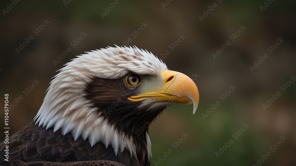 Close-up profile of a majestic bald eagle, its sharp gaze and vibrant plumage showcased against a blurred natural background. Close-up profile of a majestic bald eagle, its sharp gaze and vibrant plumage showcased against a blurred natural background.