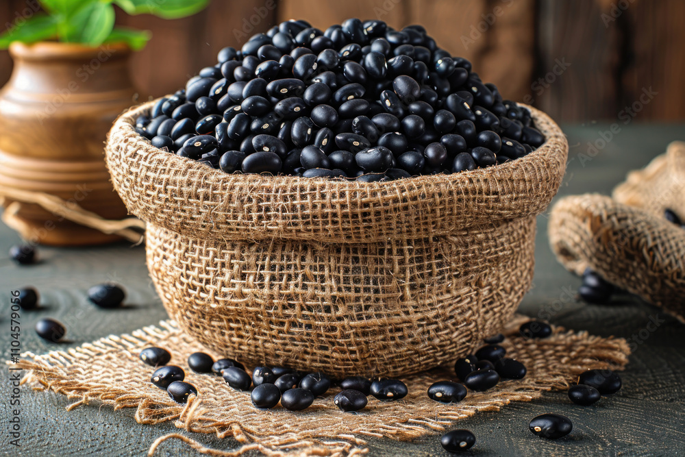 basket filled with black beans. The basket is made of coarse fabric, probably burlap, and stands on a surface of the same material. basket filled with black beans. The basket is made of coarse fabric, probably burlap, and stands on a surface of the same material.