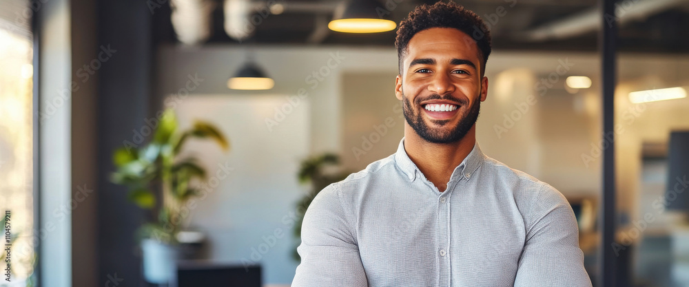 Confident Young Professional Smiling in Modern Office Environment Confident Young Professional Smiling in Modern Office Environment
