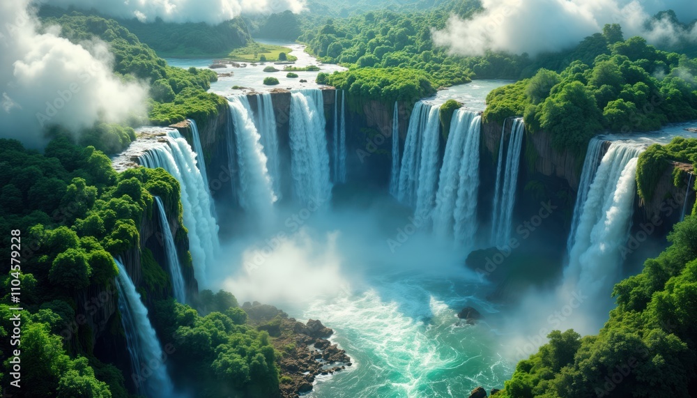 Fototapeta premium Majestic waterfall cascades in greenery, clouds. Aerial view powerful water plunging into tranquil pool. Natural wonder. Eco tourism destination. Travel inspiration. Adventure. Nature beauty.