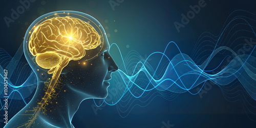 Glowing brain in human head with blue waves background