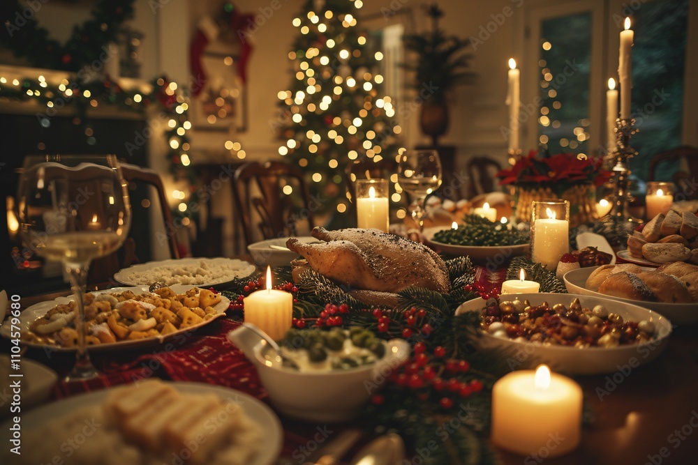 A warm holiday gathering features a table adorned with various dishes, candles, and decorations, with a Christmas tree glowing in the background. Friends and family enjoy the festive atmosphere A warm holiday gathering features a table adorned with various dishes, candles, and decorations, with a Christmas tree glowing in the background. Friends and family enjoy the festive atmosphere