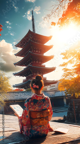 Woman in Kimono Contemplates at Japanese Pagoda Sunset photo