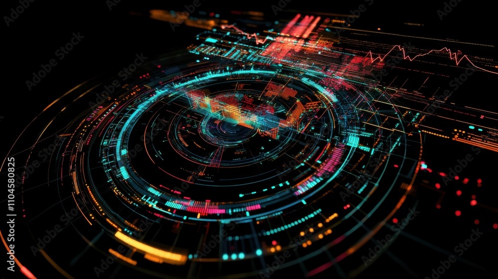 Futuristic Digital Interface with Colorful Data Visualizations and Patterns Futuristic Digital Interface with Colorful Data Visualizations and Patterns