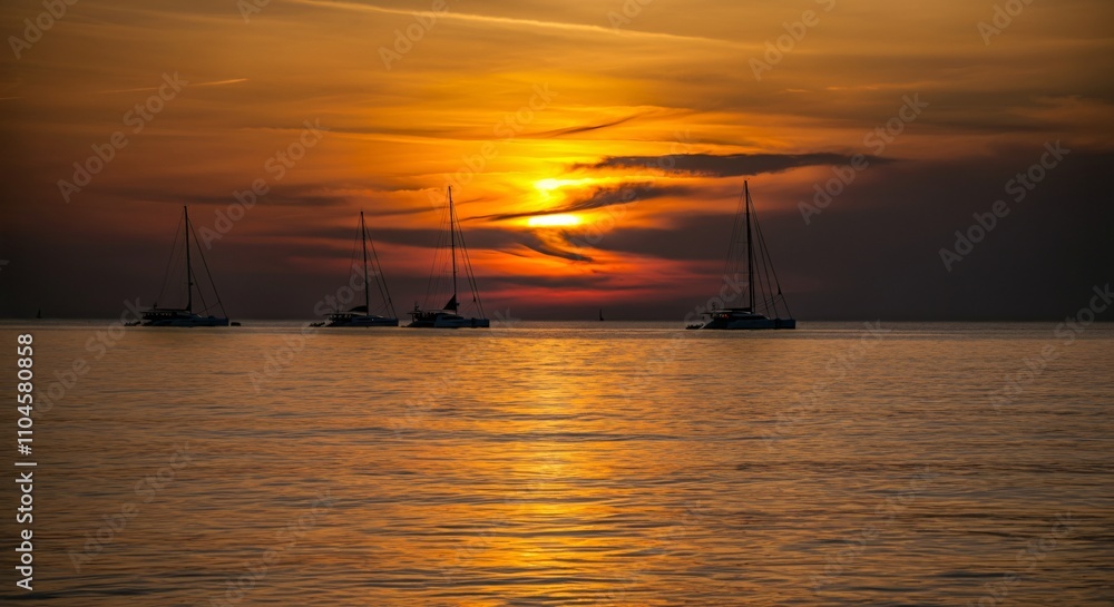 Golden Hour Maritime Scene - Sailboats Silhouette Against Calm Ocean Sunset