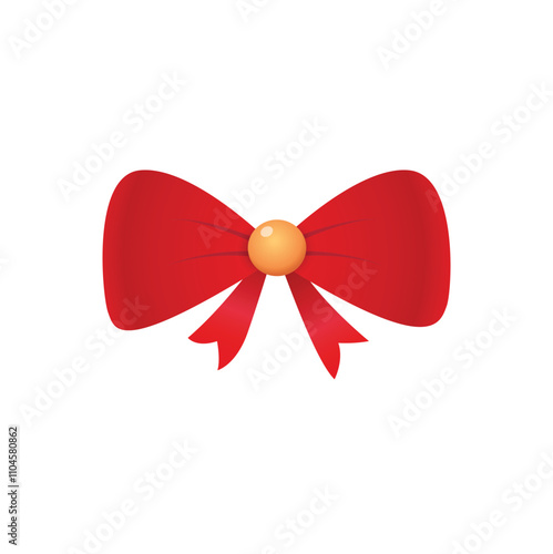 Red ribbon tie into a bow on white background. Christmas ornament. Satin silky ribbon. Vector illustration. 