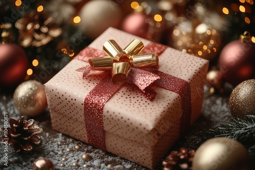 Christmas and New Year background with Elegant pink Christmas gifts, red ribbons, golden decorations, and white Christmas balls on a beige table in a flat lay style