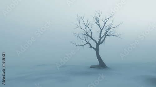 Solitary tree in misty frozen tundra landscape for winter serenity and calmness