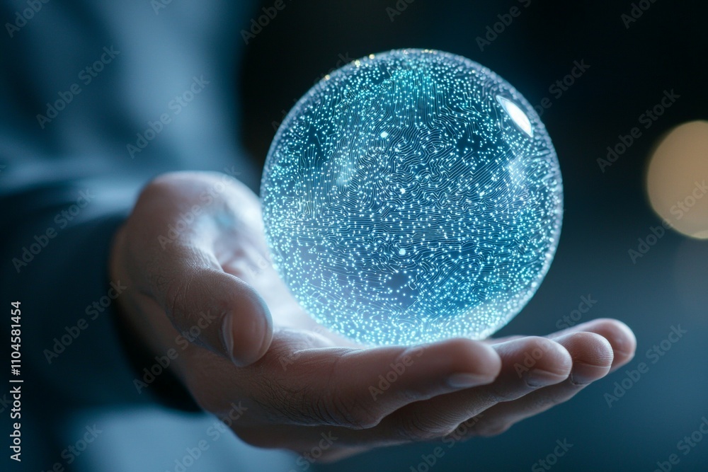 Caucasian male hand holding glowing sphere with digital patterns in low light Caucasian male hand holding glowing sphere with digital patterns in low light