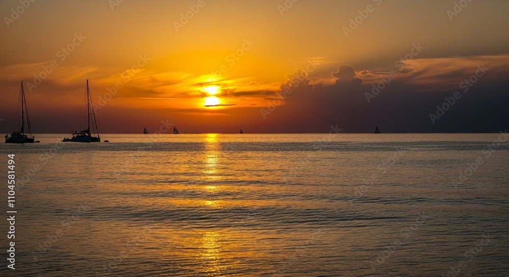 Golden Hour Maritime Scene - Sailboats Silhouette Against Calm Ocean Sunset Golden Hour Maritime Scene - Sailboats Silhouette Against Calm Ocean Sunset