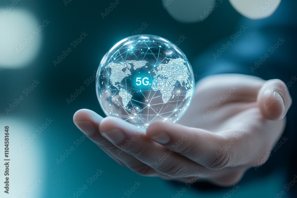 Hand holding globe featuring 5g network technology map Hand holding globe featuring 5g network technology map