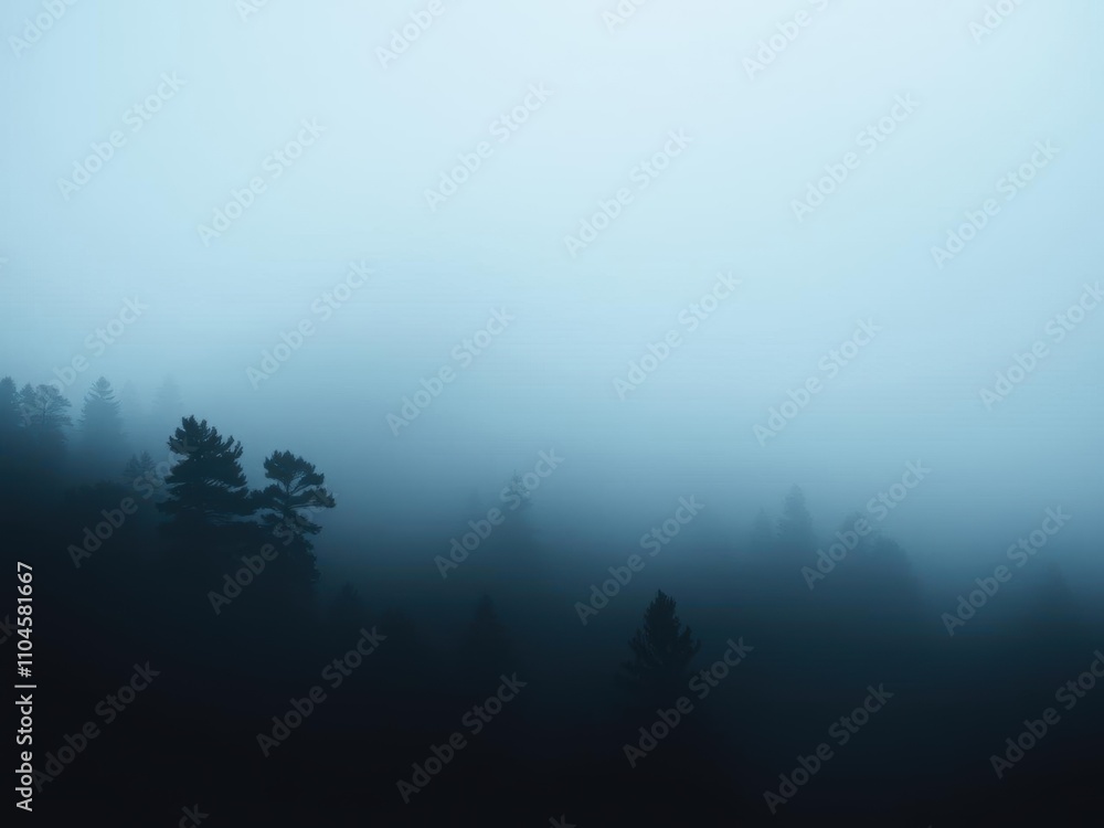 Obraz premium Mysterious forest enveloped in fog and mist, creating an eerie atmosphere, tranquil, gloomy