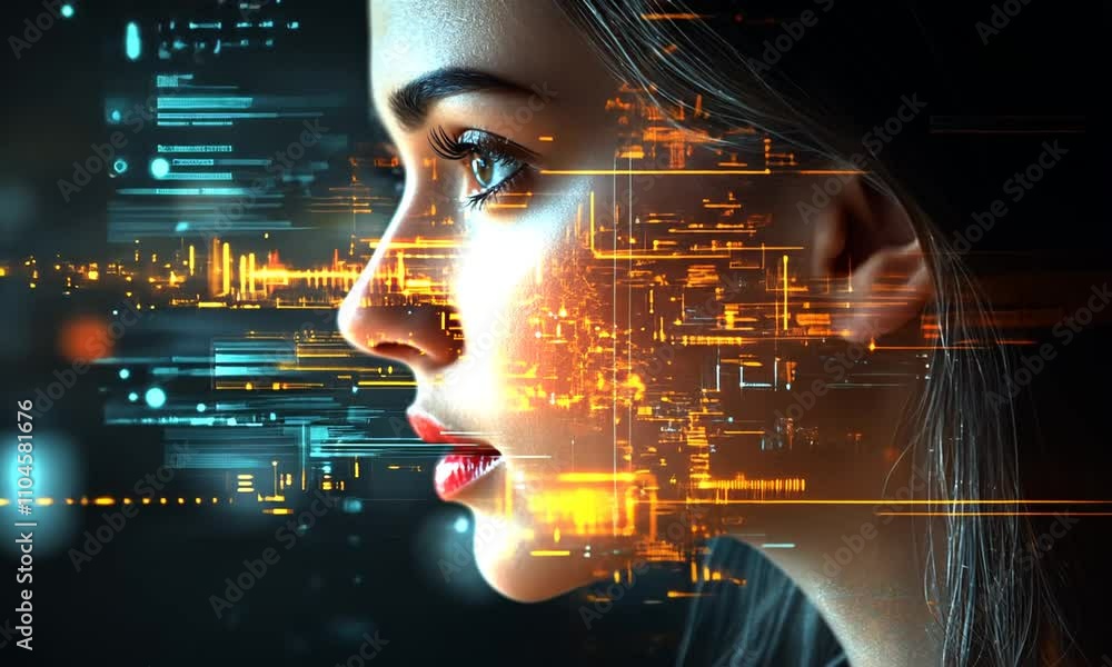 A digital portrait of a woman with an overlay of vibrant data visuals. A digital portrait of a woman with an overlay of vibrant data visuals.