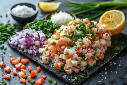 fresh ingredients for cooking. In the foreground are diced crab sticks, red onions and carrots, garnished with green onions.   photo