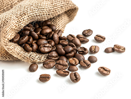 Rustic Burlap Sack Spilling Fresh Coffee Beans on White Background, Perfect for Coffee Lovers and Culinary Illustrations photo