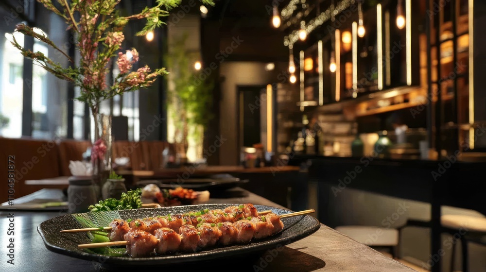 Freshly grilled yakitori skewers, seasoned with tare sauce, placed on a rustic ceramic plate Freshly grilled yakitori skewers, seasoned with tare sauce, placed on a rustic ceramic plate