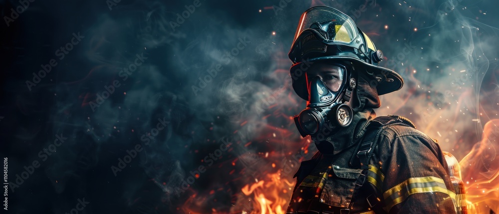 Fototapeta premium Firefighter in gear stands amidst flames and smoke, ready to combat a fire emergency