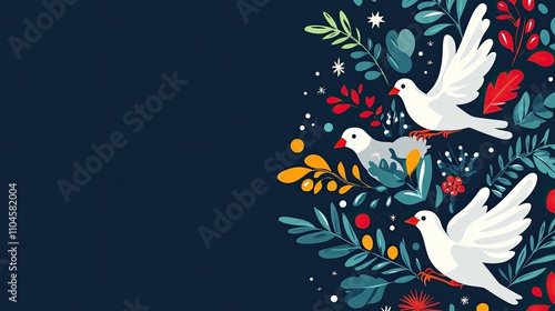 Festive winter design with white doves and colorful foliage on dark background, perfect for holiday cards or banners.