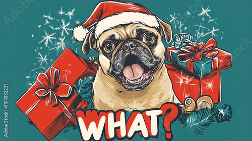 A humorous design featuring a dog wearing a Santa Claus hat, mischievously peeing on Christmas gifts. The bold text 