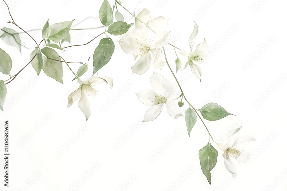 Detailed Botanical Illustration of a Delicate Branch with Ethereal White Flowers and Green Leaves on a Soft White Background Detailed Botanical Illustration of a Delicate Branch with Ethereal White Flowers and Green Leaves on a Soft White Background