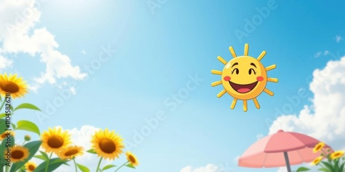 Cheerful cartoon sun character with big, warm smile standing against blue sky background, outdoor, summer