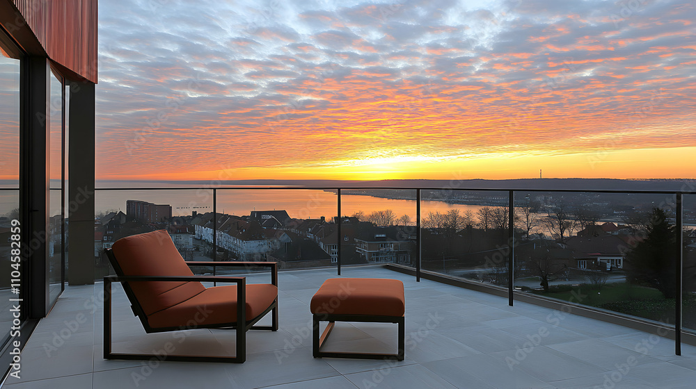 Fototapeta premium Sunset cityscape view from modern balcony with orange chair and ottoman