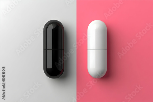 Dual Capsule Design, Black and White Pills on Contrasting Backgrounds