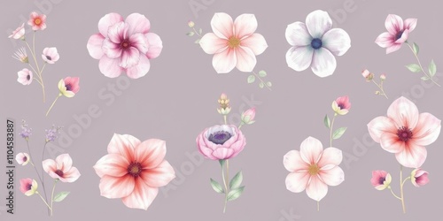 Watercolor flowers vector collection featuring delicate blooms in soft pastel hues for creating stunning floral designs, pattern, vector collection