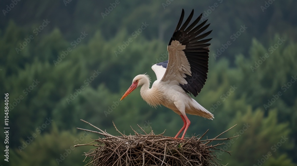 Fototapeta premium White stork preparing for flight on nest.