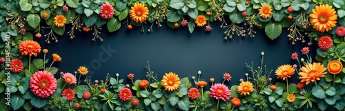 Colorful flowers, leaves create decorative border on dark background. Vibrant orange, pink flowers surround dark space. Plant design. Eco friendly home decor idea. Perfect for interior design. Spring
