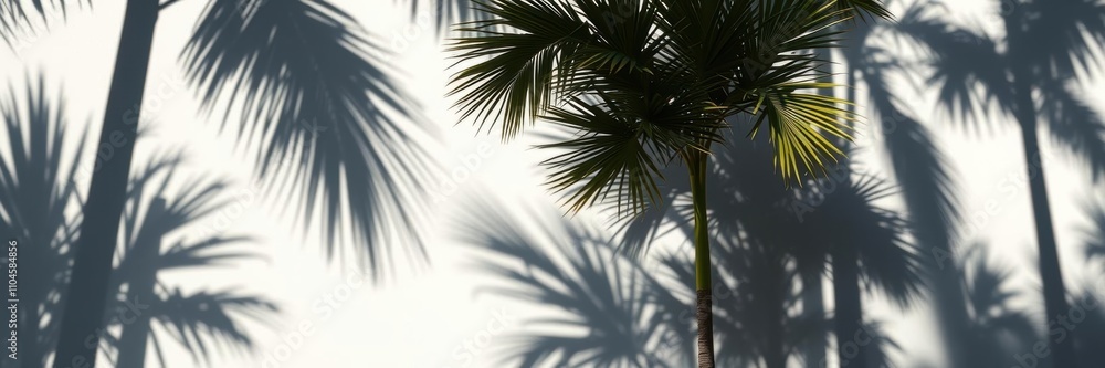 Fototapeta premium Shadows of palm tree leaves cast on a clean white wall, shadows, silhouette