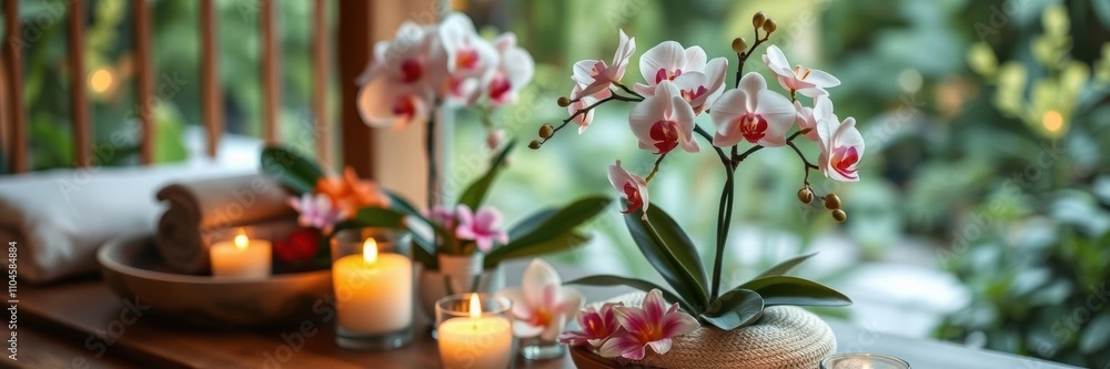 Softly glowing candles illuminate a serene spa orchid setup surrounded by lush greenery, orchid arrangement, soothing colors Softly glowing candles illuminate a serene spa orchid setup surrounded by lush greenery, orchid arrangement, soothing colors