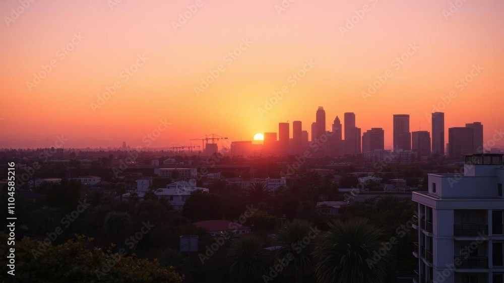 Fototapeta premium beautiful sunset over downtown Los Angeles cityscape with palm trees in foreground, sunset, evening glow