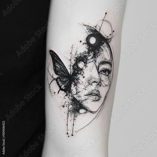 Black and white tattoo of a woman's face with a butterfly on her cheek.