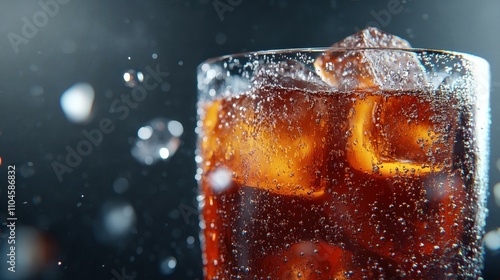 A crisp, closeup shot of a chilled cola glass, filled with ice, showcasing vibrant bubbles against a soft background.