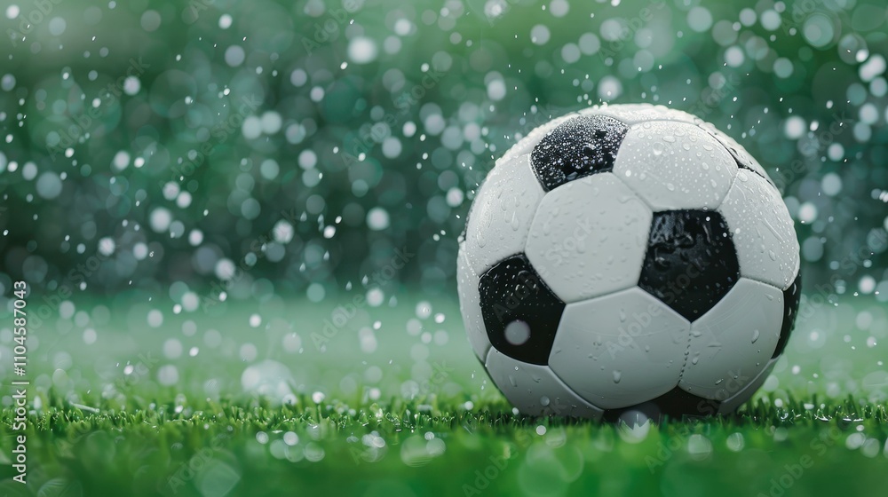 Fototapeta premium A soccer ball glides across the field, sending splash drops flying in an exciting stadium scene.