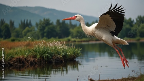 A white stork in flight over a tranquil lake.