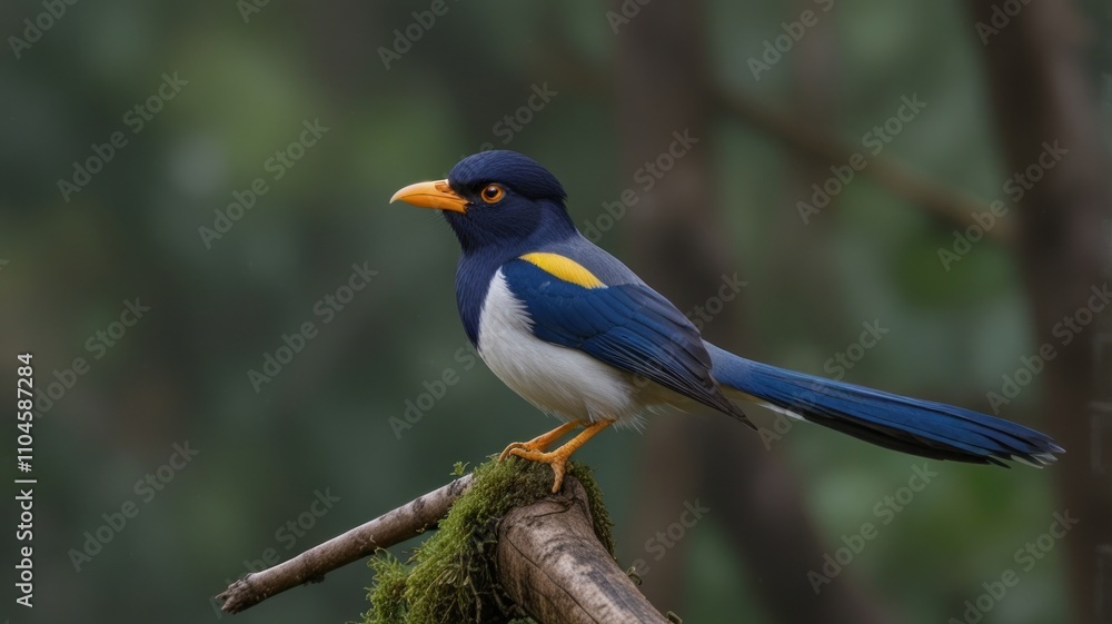 Vivid blue and white bird perched on mossy branch. Vivid blue and white bird perched on mossy branch.