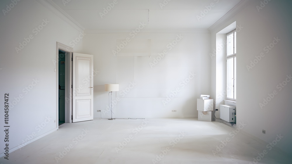 A vacant room with plain white walls and a single lamp resting on the floor A vacant room with plain white walls and a single lamp resting on the floor