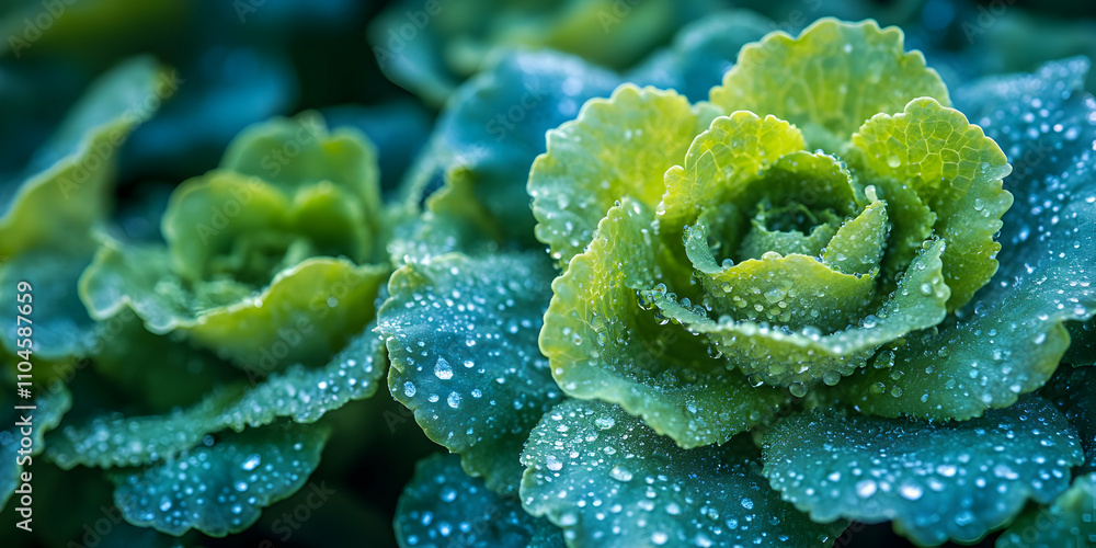 Vibrant Green Lettuce Leaves with Dew Drops, A Lush, Close-Up View of Nature's Bounty Vibrant Green Lettuce Leaves with Dew Drops, A Lush, Close-Up View of Nature's Bounty
