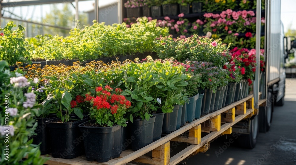 Truck loaded with potted plants for garden supply logistics. Flower distribution. Business and logistics distribution concept Truck loaded with potted plants for garden supply logistics. Flower distribution. Business and logistics distribution concept