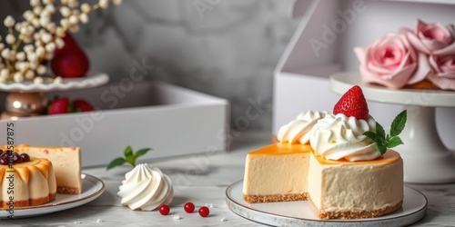 Close-up shot of a slice of cheesecake with a dollop of whipped cream atop nestled among slices of cake and pastries, pastry box, cake table